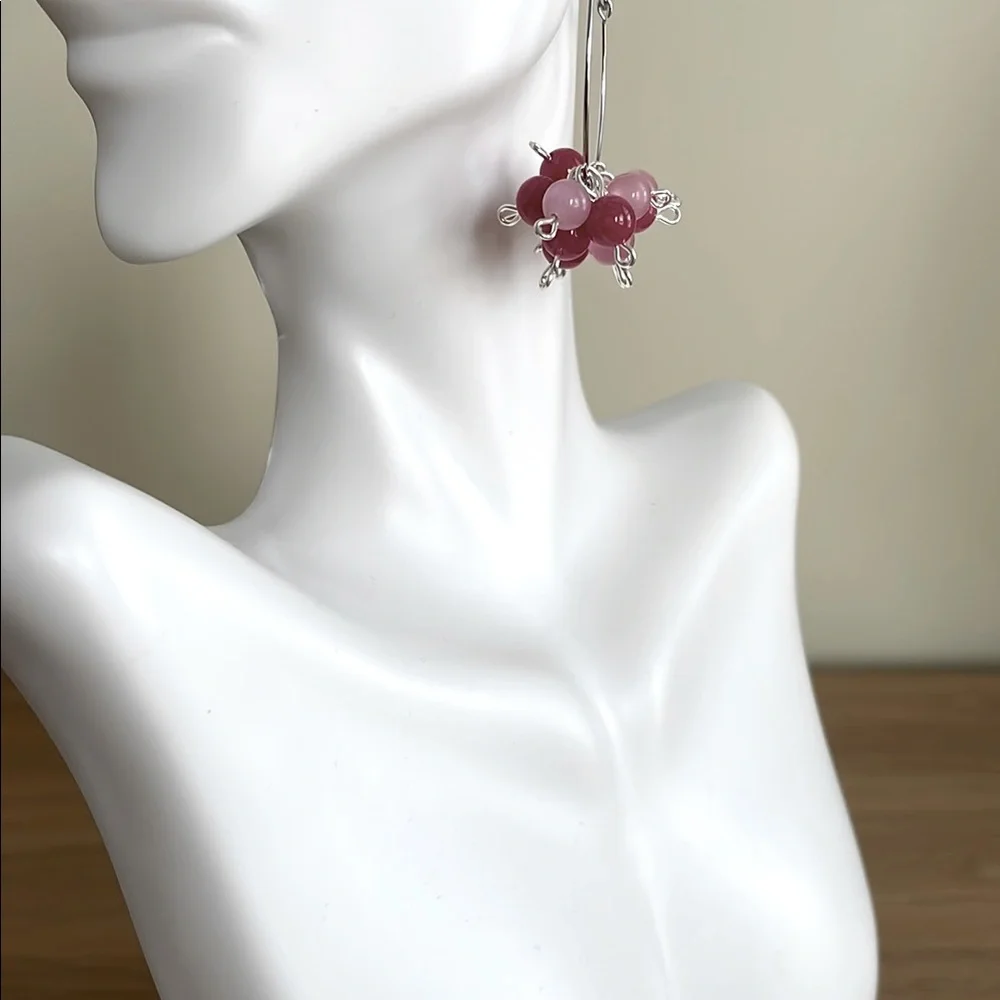 HAND CRAFTED CHA-CHA HOOP EARRINGS Magenta Pink Bonbon Bubble Cluster Wires